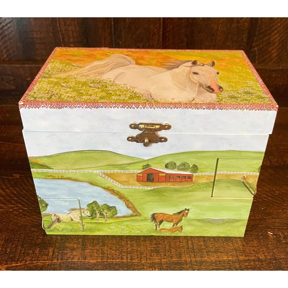 Vintage Horse folk Art Jewelry Box Musical Keepsake Equestrian Cottage Decor